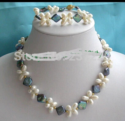 

Wholesale price ^Swonderful white 11mm black rhombus freshwater pearl necklace&bracelet a set n232 (A0423) -Top quality free shi