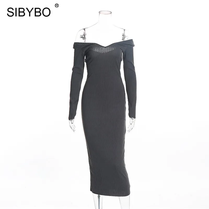 Женское длинное платье из хлопка Sibybo, вечернее платье с V-образным вырезом и открытыми плечами, с длинными рукавами, удобное прямое обтягивающее платье, для ношения осенью и зимой