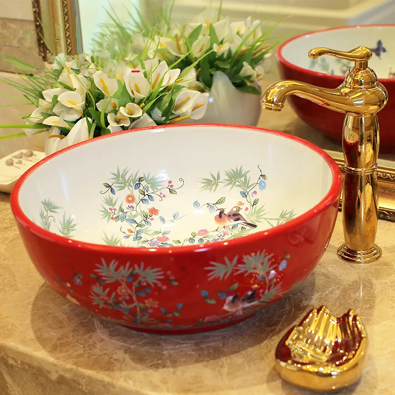 Red China Artistic Europe Style Counter Top porcelain wash basin bathroom sinks ceramic art basin bowls flower and bird (3)