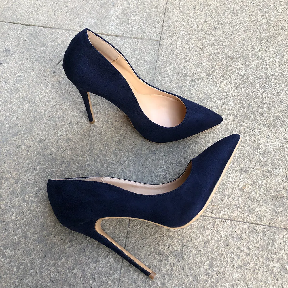 Veowalk Navy Blue Women Synthetic Suede High Heels Pointed Toe Slip on OL Ladies Stiletto Pumps 8 10 12cm Fashion Wedding Shoes