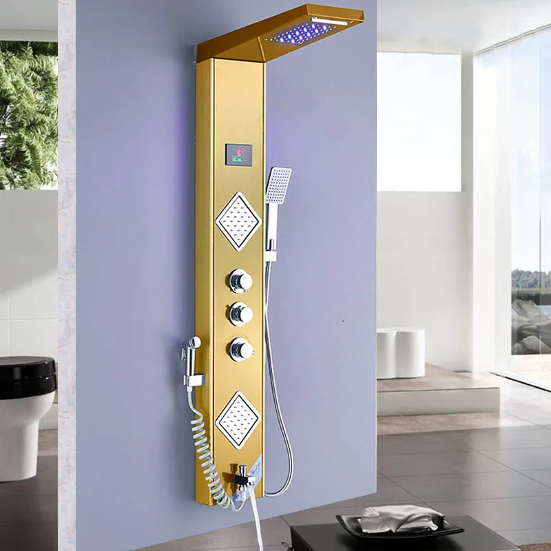 Senlesen-Columna de ducha dorada, Panel de ducha LED montado en la