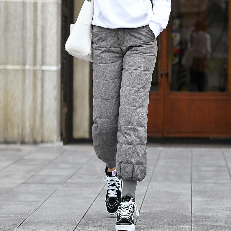 

YNZZU Plus Size 2018 Winter Chic White Duck Down Pants Women Casual High Waist Thicken Warm Trousers Female Lantern Pants B119