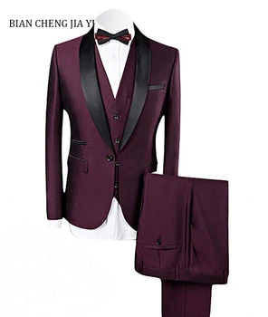 

Hot selling Mens Wine red Formal Business 3 Pieces Suit Groom Tuxedos Slim Fit Wedding Men Suit Single Breasted Prom Casual