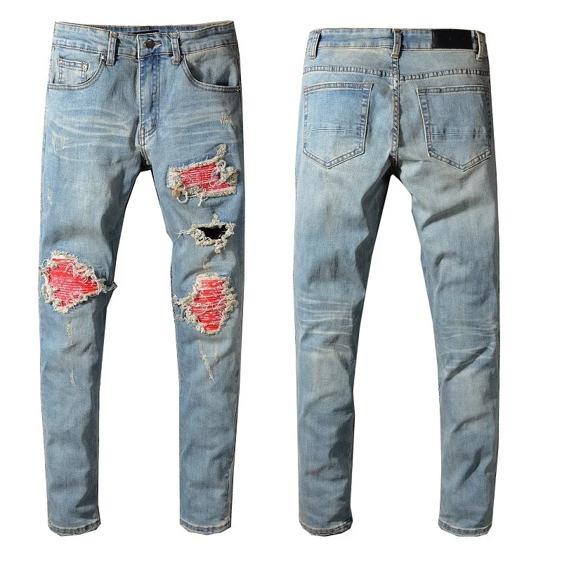 

New Italy Style #552# Men's Distressed Destroyed Pants Red Ripped Patches Blue Skinny Biker Jeans Slim Trousers Size 28-40