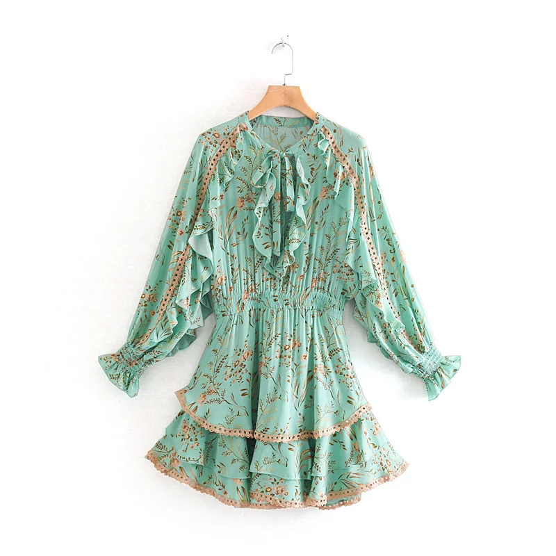 

QZ946 Women Fairy Sweet Ruffles O Neck Light Green Floral print Elastic Waist Holiday Dress Bohemia Vestidos