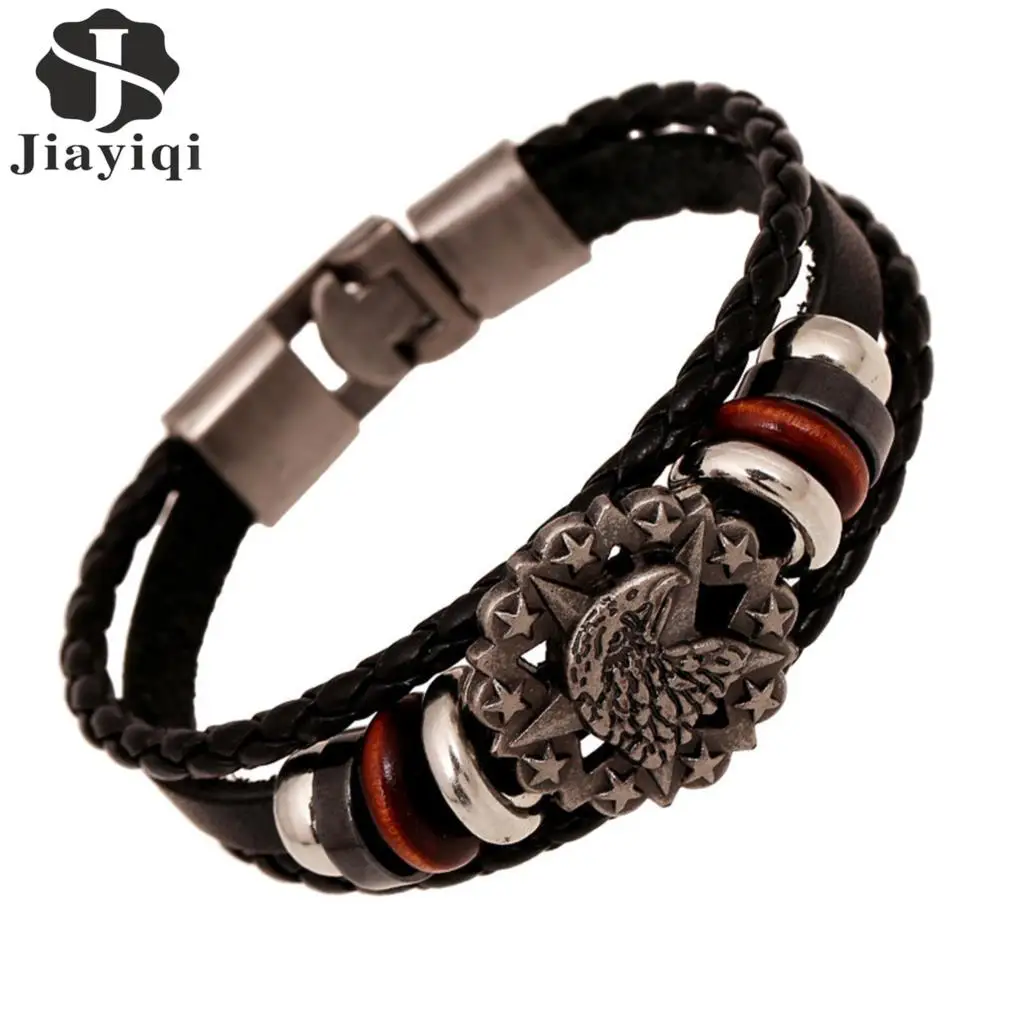 Vintage Star Beads Anchor Skull Bracelet Handmade Woven Punk Leather Bracelet For Men Jewelry Hip-hop Multilayer Warp Bangle 