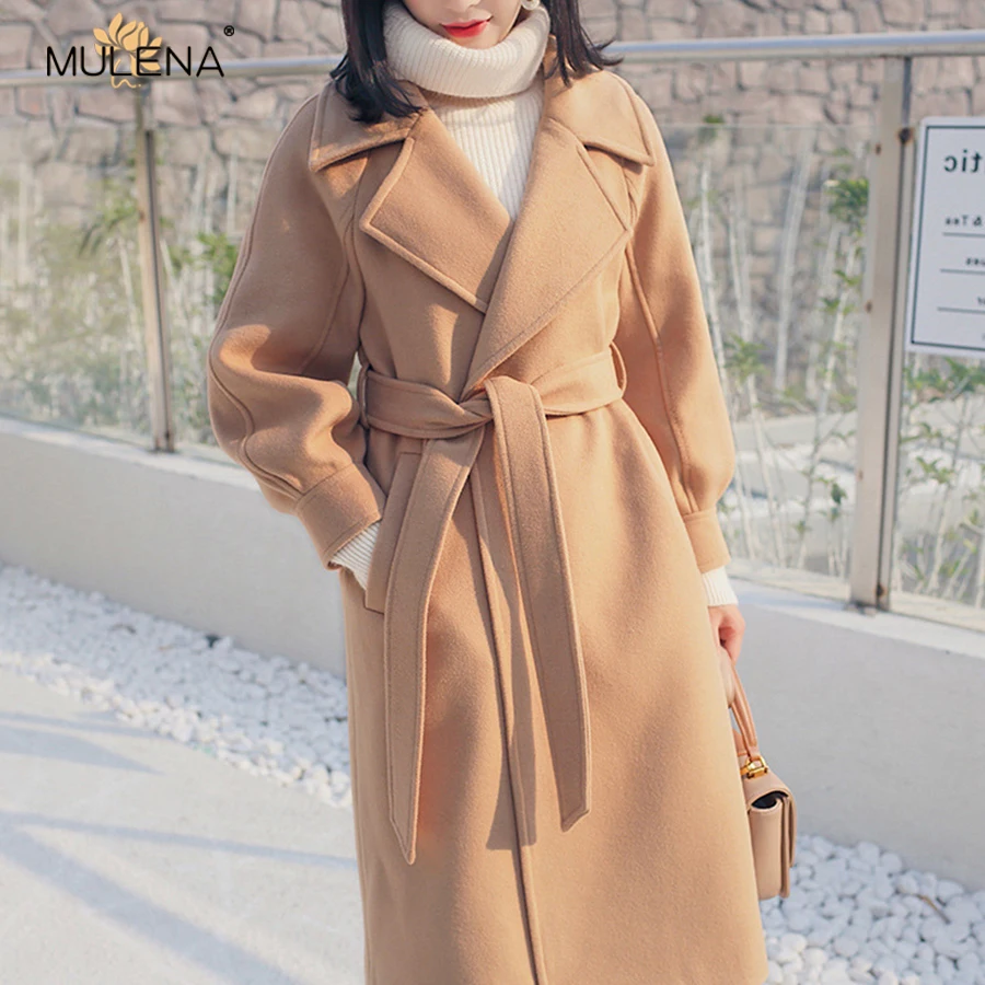 Mulena Loose Nine Points Sleeve Adjustable Waist Long Wool Blends Coat Women Solid Cozy Warm Office Lady Outerwear Female Winter Mulena Loose Nine Points Sleeve Adjustable Waist Long Wool Blends Coat Women Solid Cozy Warm Office Lady Outerwear Female Winter