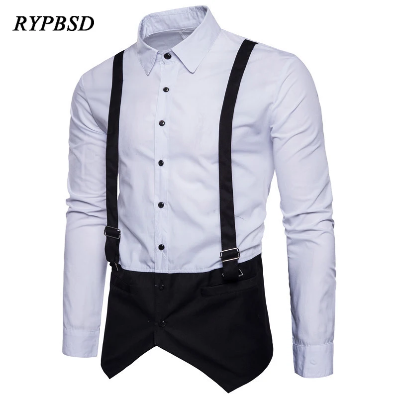 Spring Casual Men Shirt 2018 Fake Two Strap Design Long Sleeve Black White Wedding Dress Shirt