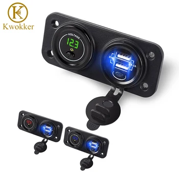 急速充電 3.0 車の充電器アルミ防水デュアル USB 急速充電器ソケット電源コンセント LED デジタル電圧計海洋