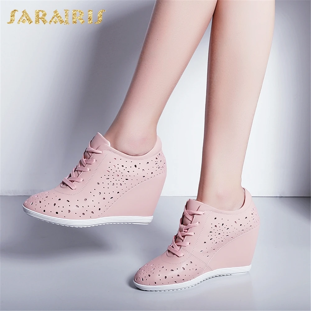 

SARAIRIS 2018 Cow Leather Fashion Lace Up Summer Pumps Women Shoes Woman Platform Wedges High Heels Party Wedding Pumps