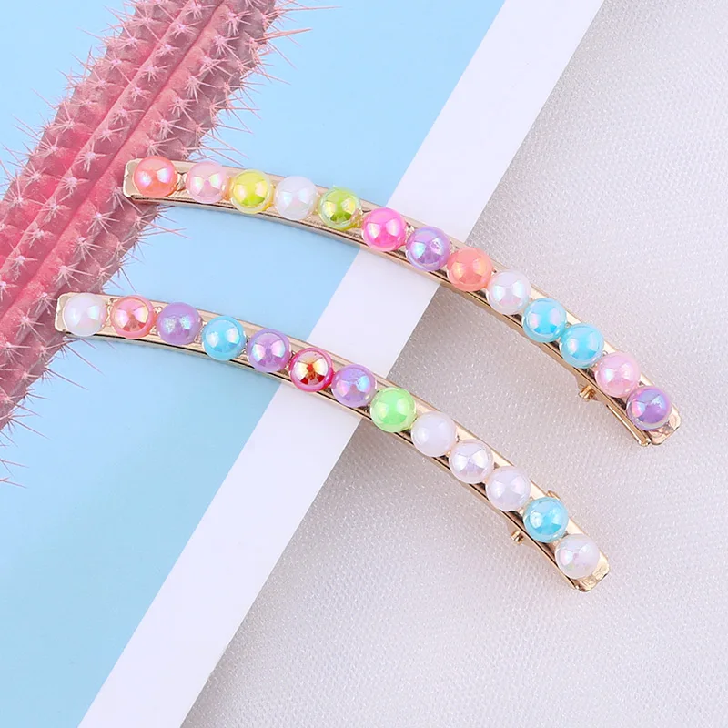 2pcs/set Pearl Flower Hair Clips Alligator Duckbill Long Hairpins Barrettes Candy Rainbow Color Hair Accessories for Women Girls - Цвет: Bend clip-Color 1