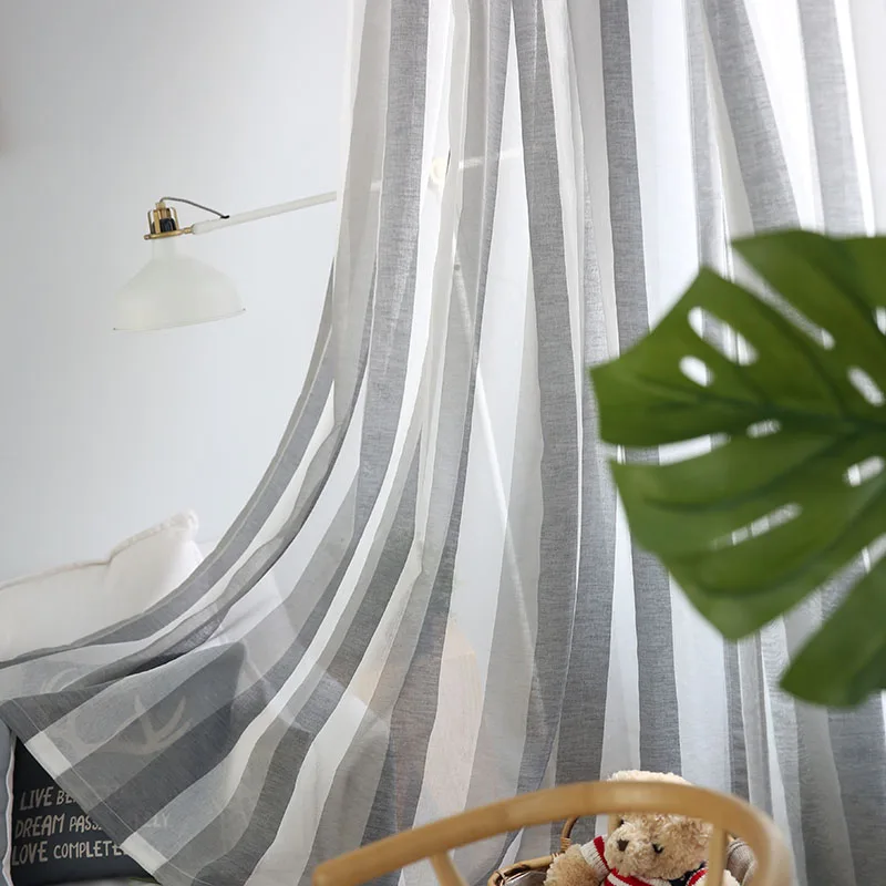 

Gray Linen Stripe Tulle Curtains For Living Room Bedroom Window Sheer Curtains Modern Voile Curtains Fabrics Drapes