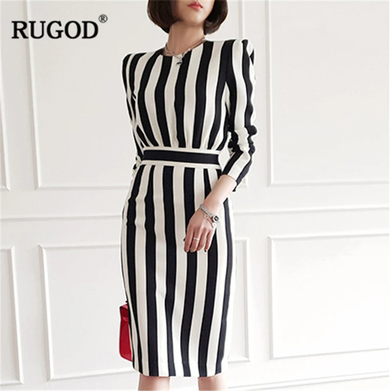

RUGOD 2019 New Arrival Women Striped Dress O-neck Tunic Slim Female Dress Office Lady Wearing Modis Spring Mujer Vestidos