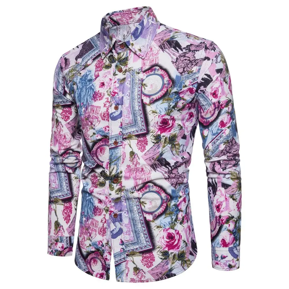 Модная мужская Повседневная рубашка, приталенная льняная рубашка с цветочным принтом, рубашки с длинными рукавами, мужские рубашки с цветочным узором, мужские рубашки, 4XL 5XL