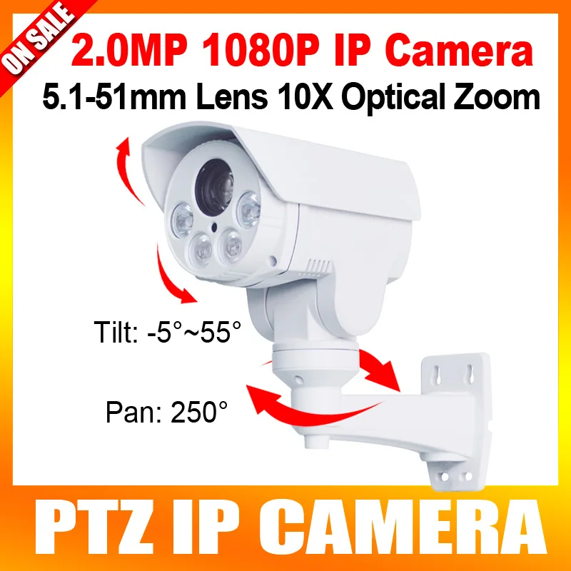 1080P IP PTZ Camera10X Optical Zoom 5.1-51mm Lens Pan/Tilt Rotation Array Leds IR 80M 2MP Bullet IP Camera,Built-in SD Card Slot