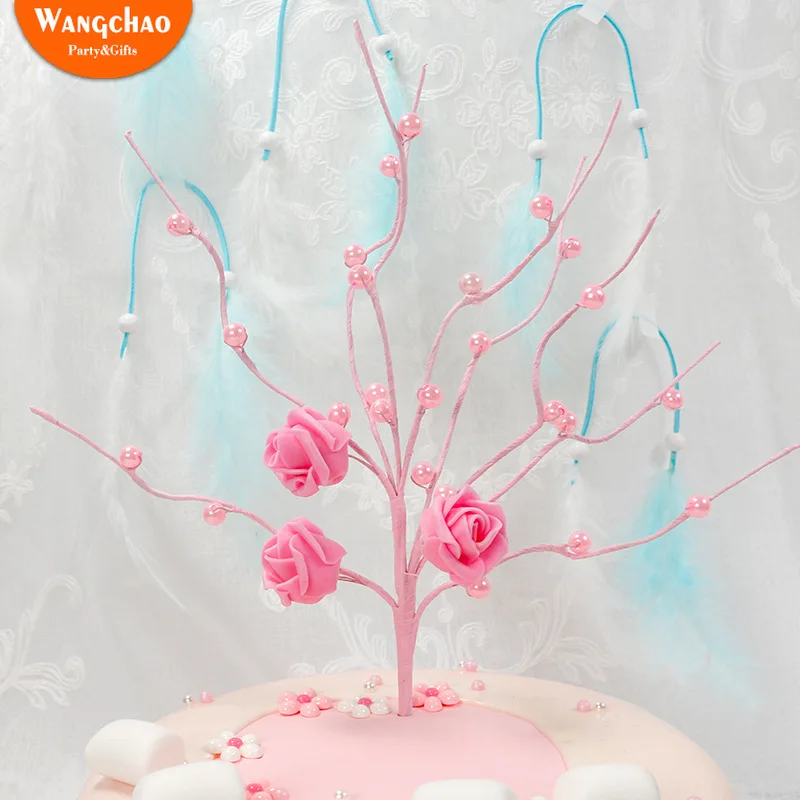 Розовый белый жемчуг дерево Топпер для торта «С Днем Рождения» Свадебные украшения торта вечерние принадлежности аксессуары романтическое украшение торта