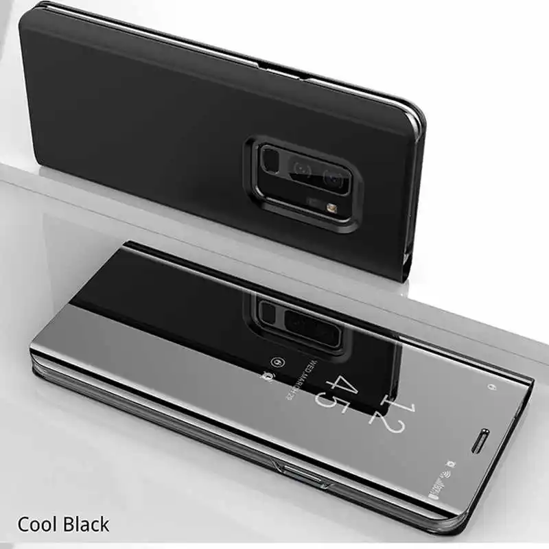 Вид умный зеркальный чехол для телефона для Samsung Note 8 9 M20 флип чехол для Galaxy J3 J4 плюс J5 J6 J7 J8 prime кожаный чехол-книжка - Цвет: black