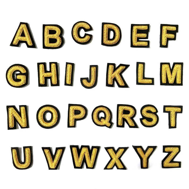 

High Quality DIY craft supplies Yellow 26 letter Embroidered Patches Pure hand-embroidered with metal spring copper wire badges