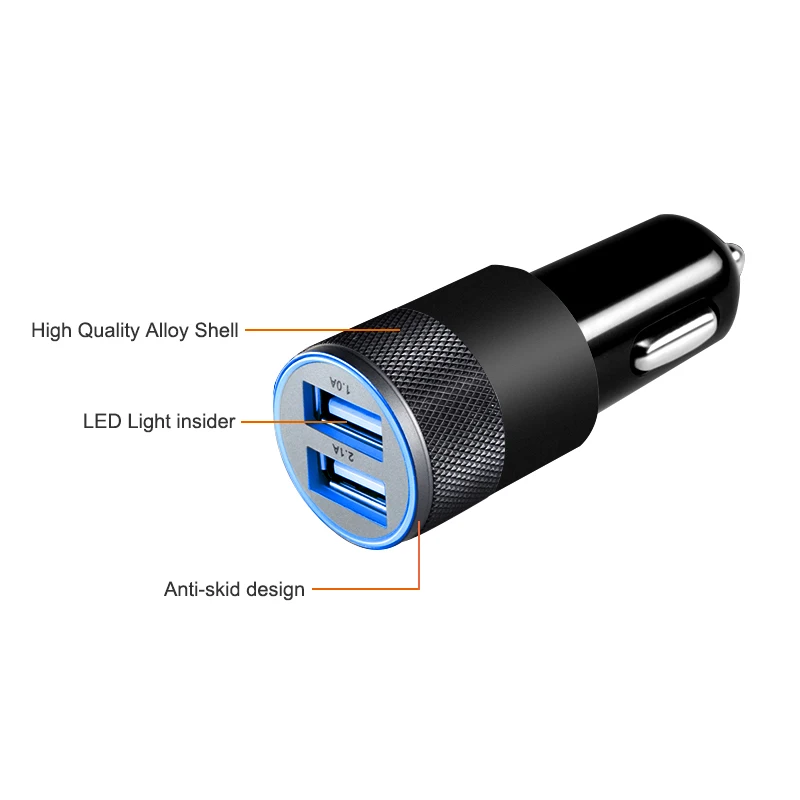 Двойной зарядное устройство USB зарядка металлический плоский мобильный телефон Универсальная зарядка 2.1A+ 1A маленькая стальная пушка автомобильное зарядное устройство