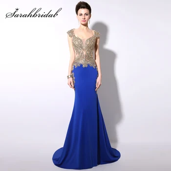 

New Elegant Royal Blue Evening Dresses Long 2020 Formal Gowns Embroidery Beading Sheer Mermaid Prom Party Robe De Soiree YD003