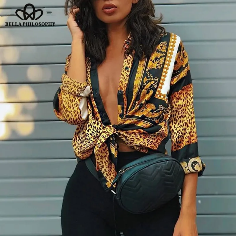 Wonder Spring Elegant Party Loose Button Shirt Turn-down Collar Female Leopard Print Knot Front Long Sleeve Blouse 2019