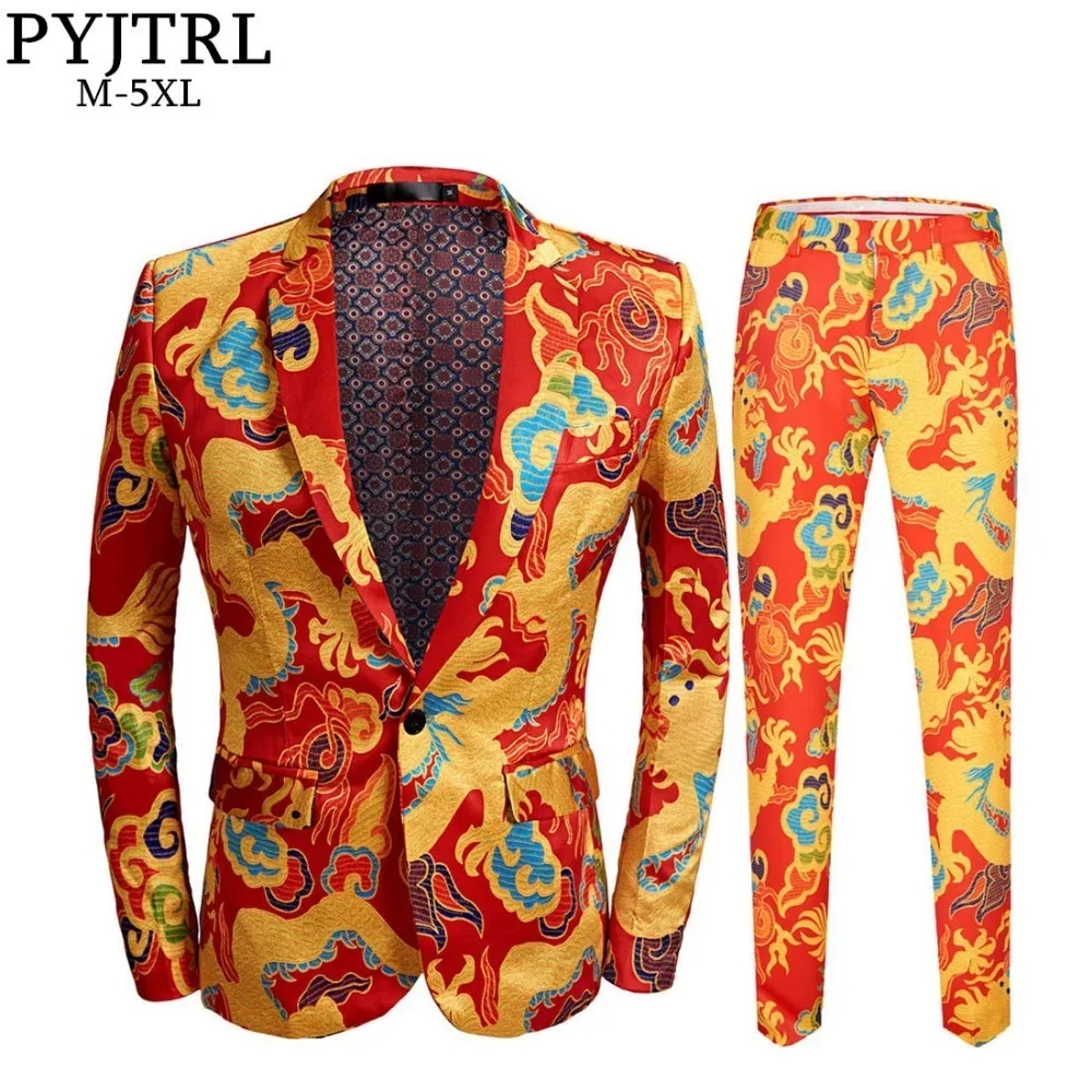 

PYJTRL Brand New Chinese Style Red Dragon Print Suit Men Stage Singer Wear 2 Pieces Set Slim Fit Wedding Tuxedo Costume Homme