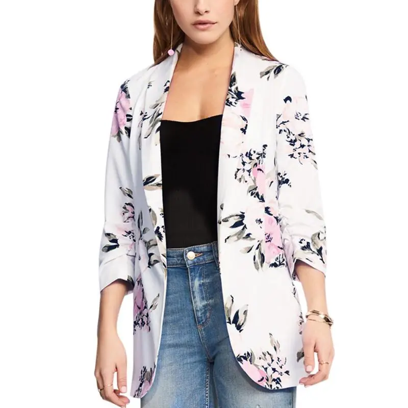

Women Long Sleeve Coat Female Outerwear Fashion Flower Print Blazer Ladies Blazers Work Wear