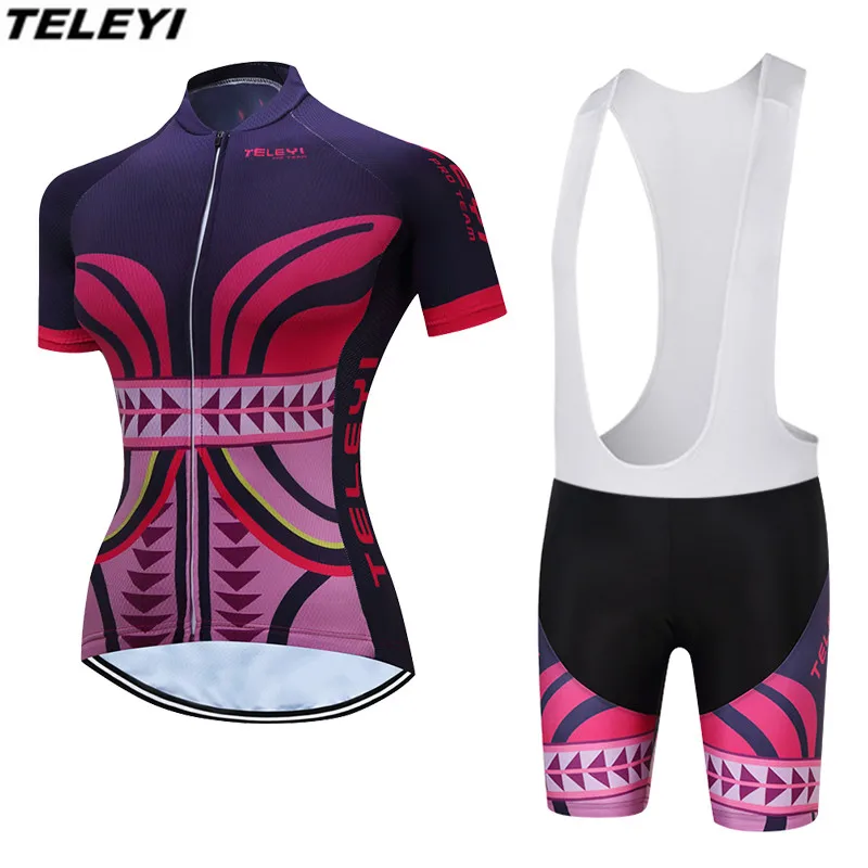 TELEYI Purple Pink MTB Bike Jersey bib shorts sets Ropa Ciclismo maillot Women Cycling Clothing