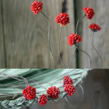

2 Pieces Red Bean Ball With Iron Wire As Rod Handmade Natural Plant Combination Flower Arrangement Material Shooting Props