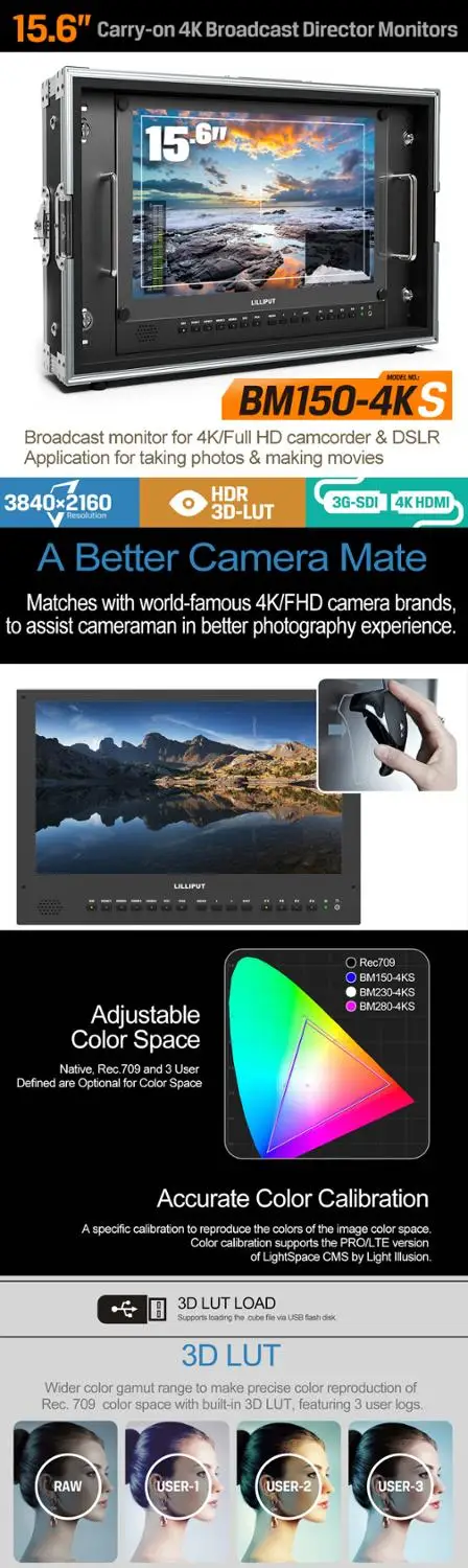 Lilliput BM150-4KS Broadcast 15.6" HDR 3D-LUT Color space Carry-on 4K Director Monitor 3840x2160 SDI HDMI Tally VGA