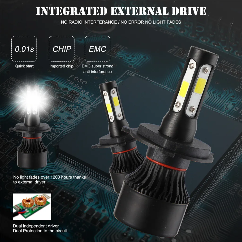 

4-sides H4/HB2 170W 255000LM COB LED Headlight Bulb Conversion Fog Light HID Pure White 6500K headlight fog light