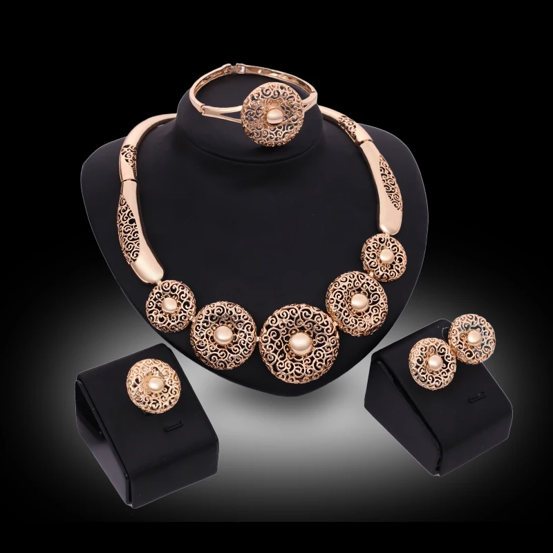 

Fashion Dubai Gold Color Jewelry Set Luxury Nigerian Wedding African Beads Necklace Bangle Earring Ring Jewelry Sets Bijoux