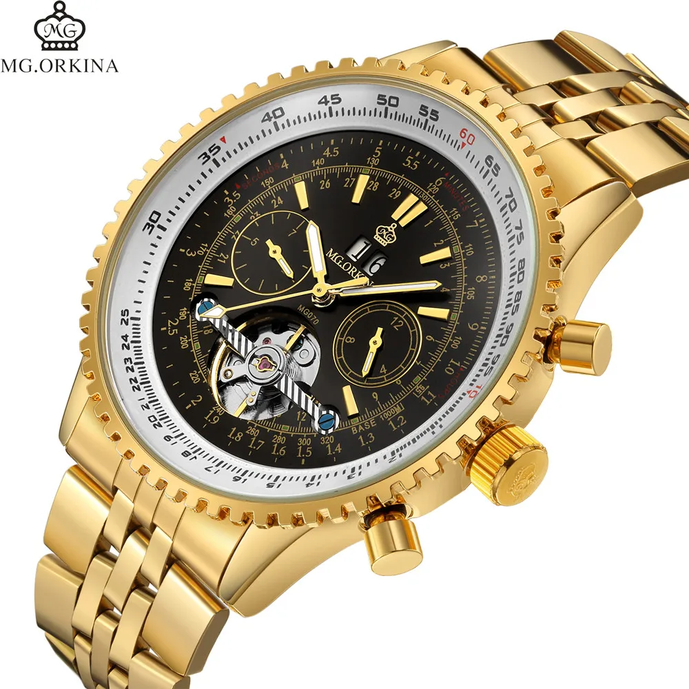 Famous Top Brand ORKINA Gold Watches Men Stainless Steel Automatic