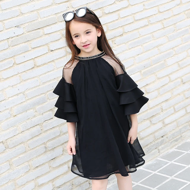 Vestidos de gasa para niñas, ropa negra para niños y adolescentes, vestido de mangas con volantes bonitos, 6, 7, 8, 10, 11, 12, 13, 14 años, 2022 _ - AliExpress Mobile