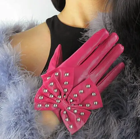 

Women'a fashion natural sheepskin leather big bow rivet glove girls genuine leather vintage pink driving glove R609