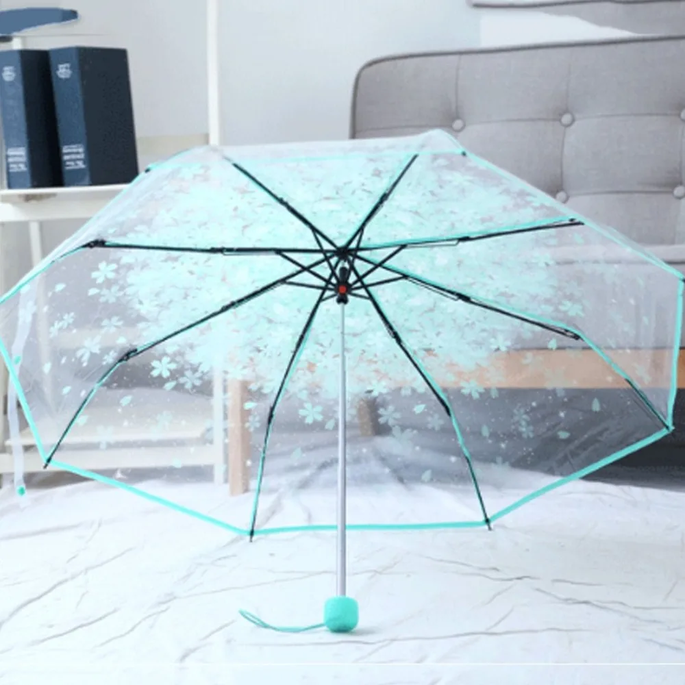 

Three-Folding Cherry Sakura Umbrella Plastic +Alloy 8 Ribs Transparent Umbrella Windproof Women Man Universal Umbrella Rain Gear