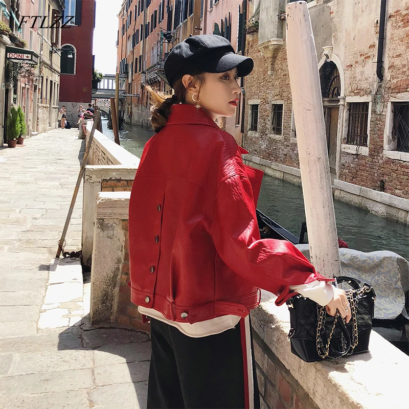 Ftlzz Autumn Faux Leather Jacket Women Loose Turndown Collar Single Breasted Motorcycle Leather Coats