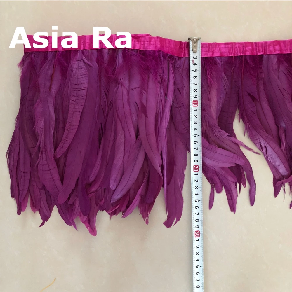 Asia Ra Fuchsia Color Dyed high quality rooster tails Feather trim on satin ribbon 12-14inch width DIY wedding feather boas | Дом и сад