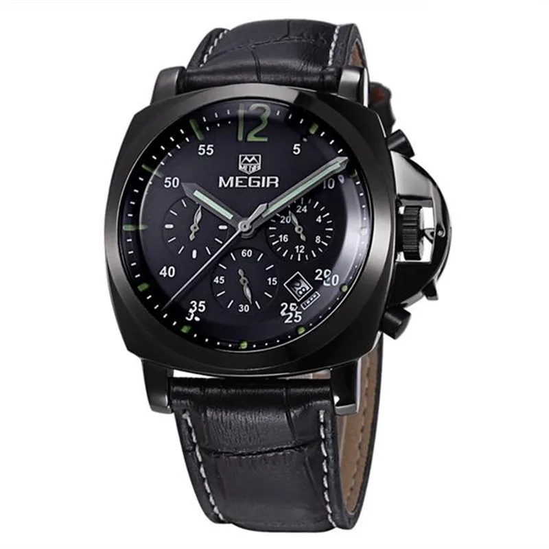 Real Megir Watches Men Luxury Brand chronograph Water Resistant Calendar Genuine Leather Relojes Hombre Military Quartz Watch