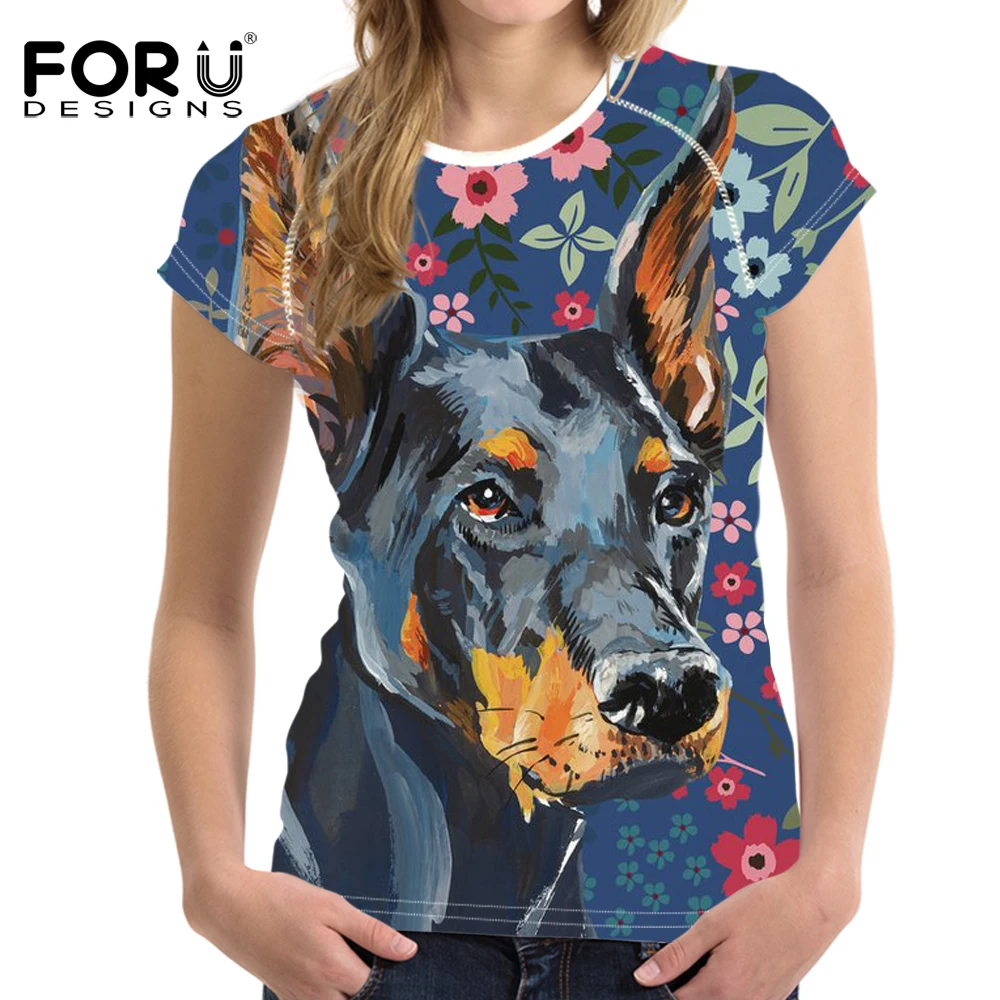 

FORUDESIGNS Doberman Flower Printing T Shirt Women Short Sleeve T-shirt Female Fashion Floral Tee Shirt for Teen Girls Cute Tops