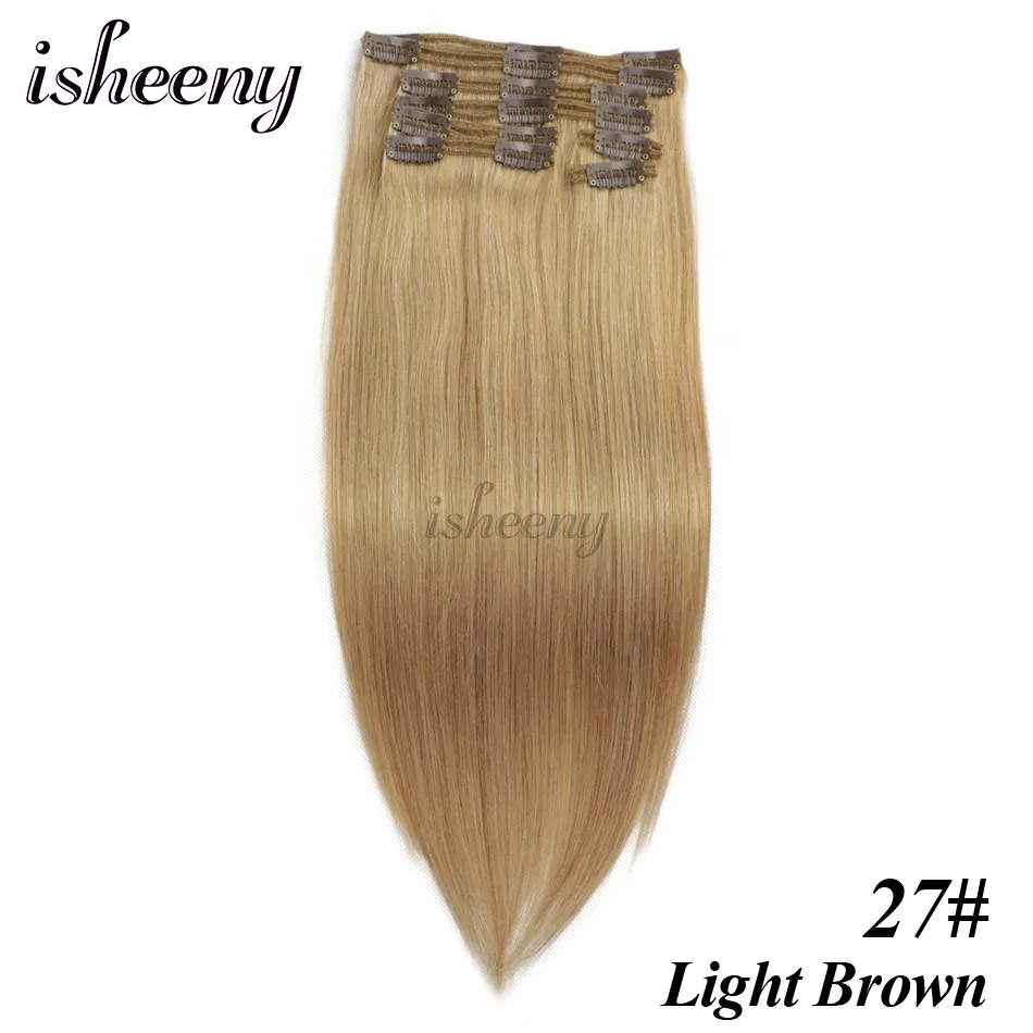 Isheeny Remy(Реми), накладные волосы для наращивания 8 шт./компл. бесшовные натуральные человеческие волосы для наращивания на заколках, на всю голову, бразильский Однотонная одежда волосы на заколках - Цвет: #27