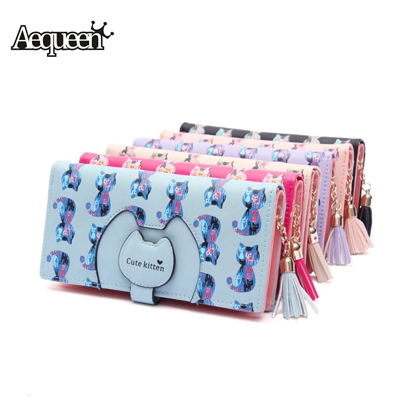 2016 New Women Cartoon Lovely Cat Prints Wallet  Women Luxury Brand Tassel Long Purses Female Cute Leather Zipper Wallet Cards