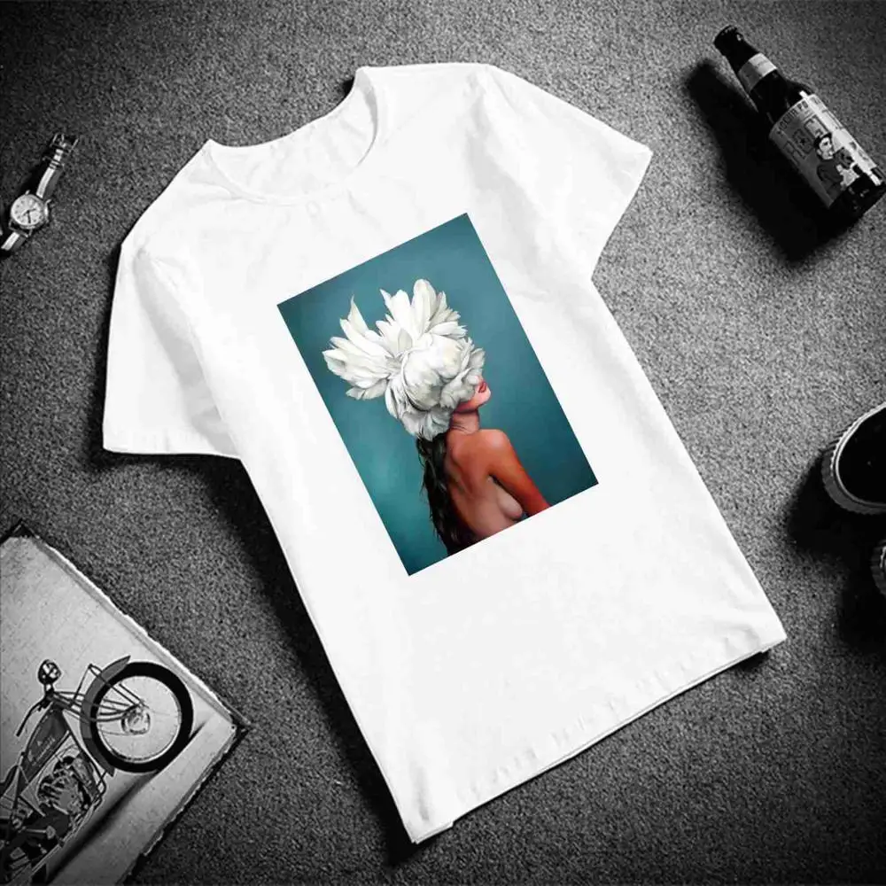 New-Cotton-Harajuku-Aesthetics-Tshirt-Sexy-Flowers-Feather-Print-Short-Sleeve-Tops-Tees-Fashion-Casual-Couple (2)