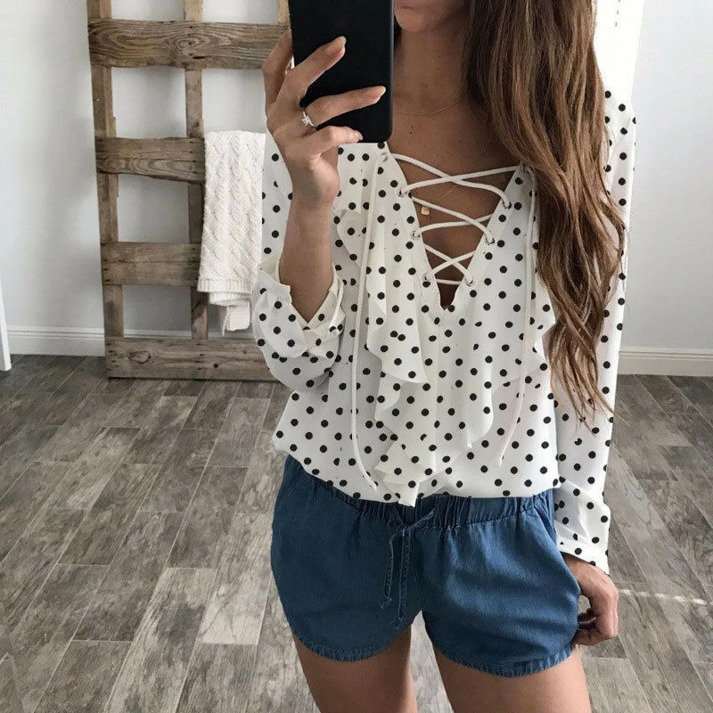 

Fashion Women Sexy Long Sleeve Loose Comfortable Blouse Casual Shirt Summer Ladies Summer Polka Dot Blouse Multi-Colored Option