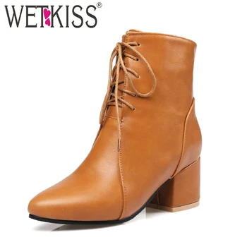 

WETKISS Autumn Short Plush Woman Ankle Boots Shoelaces Pointed Toe Footwear Winter Fashion Boots 2018 High Heels Female Shoes