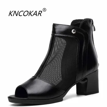 

KNCOKAR 2018 The new spring and summer real leather lady fashion height and waterproof platform fish mouth net short boots35-40
