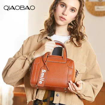 

QIAOBAO New Fashion Women Genuine Leather High Quality Female Bag Designer Cowhide Bolsos Lady Small Totes