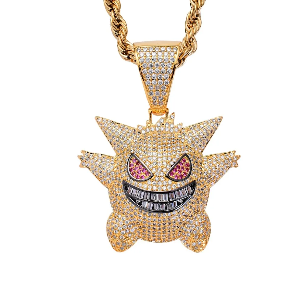 

Newest Cute Pet Elf Pokemon Go Charm Micro Pave CZ Stone Gold Gengar Pendant Statement Necklace Collier HipHop Jewelry