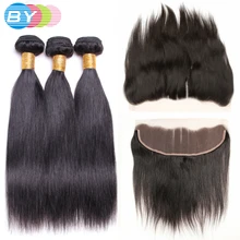 BY Hair Pre-Colored Brazilian Non-remy Human Hair Weave Natural Color Straight Hair 3 Bundles With 13×4 Lace Frontal Three Part