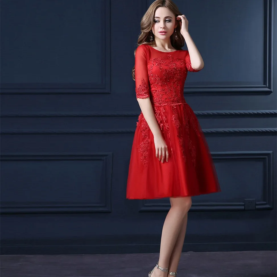 CEEWHY с рукавами 1/2, вышивкой Выпускные платья короткое официальное платье до колена коктейльное платье элегантное женское платье коктейльные платья - Цвет: red